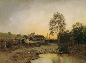 Paysage avec étang et fermes