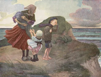 Famille de pêcheurs attendant avec impatience son retour avant l