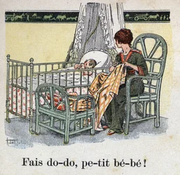 Livre pour enfants “Je lirai - Alphabet méthodique et amusant par un papa” 1926. Illustration de Robert Salles (1871-1929). “Dors, bébé bébé !”. Une mère coud dans la chambre de son enfant en attendant que son bébé dorme.