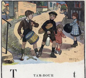 Livre pour enfants “Je lirai - Alphabet méthodique et amusant par un papa” 1926. Illustration de Robert Salles (1871-1929). Abécédaire : lettre T comme Tambour.