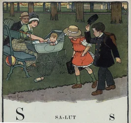Livre pour enfants “Je lirai - Alphabet méthodique et amusant par un papa” 1926. Illustration de Robert Salles (1871-1929). Abécédaire : lettre S comme Salut. Un garçon salue un couple et leur bébé en soulevant sa casquette.
