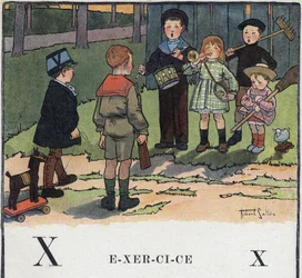 Livre pour enfants «Je lirai - Alphabet méthodique et amusant par un papa», 1926. Illustration de Robert Salles (1871-1929). Abécédaire : lettre X comme exercice. Les enfants jouent aux soldats.