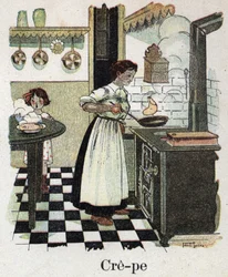 Livre pour enfants « Je lirai - Alphabet méthodique et amusant par un papa » 1926. Illustration de Robert Salles (1871-1929). Maman souffle les crêpes dans la poêle