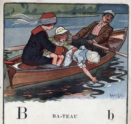Livre pour enfants « Je saurai lire - Alphabet méthodique et amusant par un papa » 1926. Illustration de Robert Salles (1871-1929). Abécédaire : lettre B comme bateau. Une famille en bateau se promène
