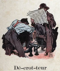 Livre pour enfants "Je lirai - Alphabet méthodique et amusant par un papa" 1926. Illustration par Robert Salles (1871-1929). "Décrotteur" : un cireur de chaussures nettoie les chaussures d