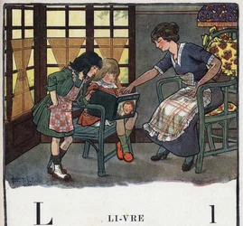 Livre pour enfants "Je lirai - Alphabet méthodique et amusant par un papa" 1926. Illustration par Robert Salles (1871-1929). Abécédaire : lettre L comme Livre. Une mère apprend à lire à sa fille