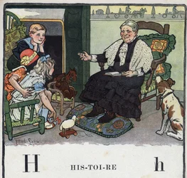 Livre pour enfants "Je lirai - Alphabet méthodique et amusant par un papa" 1926. Illustration par Robert Salles (1871-1929). Abécédaire : lettre H comme Histoire. Une grand-mère raconte des histoires à ses petits-enfants près de la cheminée