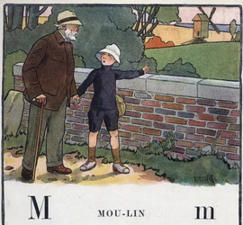 Livre pour enfants « Je lirai - Alphabet méthodique et amusant par un papa » 1926. Illustration de Robert Salles (1871-1929). Abécédaire : lettre M comme Moulin. Un garçon marche avec son grand-père. Il montre un moulin