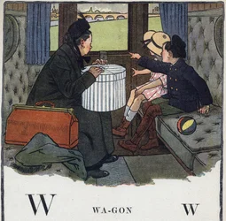 Livre pour enfants « Je lirai - Alphabet méthodique et amusant par un papa » 1926. Illustration de Robert Salles (1871-1929). Abécédaire : lettre W comme Wagon. Deux enfants avec leur mère voyagent dans un compartiment de train