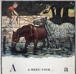 Livre pour enfants « Je lirai - Alphabet méthodique et amusant par un papa » 1926. Illustration de Robert Salles (1871-1929). Abécédaire : lettre A comme Eau potable. Deux chevaux boivent de l