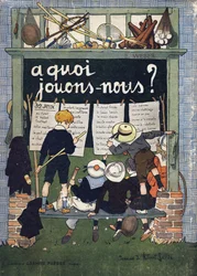 Couverture de « À quoi jouons-nous ? » par E. Weber avec des dessins aquarellés de Robert Salles (1871-1929). Gravure. Librairie Garnier Frères, Paris