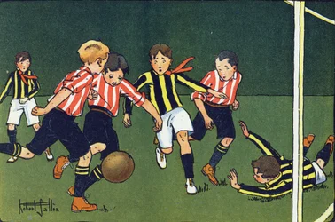 Football. Gravure dans "À quoi jouons-nous ?" par E. Weber avec des dessins aquarellés de Robert Salles (1871-1929). Librairie Garnier Frères, Paris