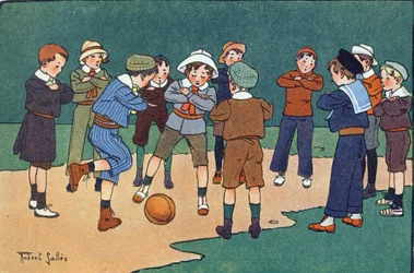 Balle allemande (jeu joué avec les bras croisés). Gravure dans "À quoi jouons-nous ?" par E. Weber avec des dessins aquarellés de Robert Salles (1871-1929). Librairie Garnier Frères, Paris