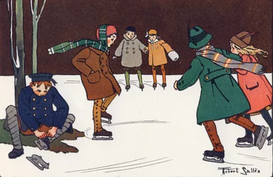 Patinage sur glace. Gravure dans "À quoi jouons-nous ?" par E. Weber avec des dessins aquarellés de Robert Salles (1871-1929). Librairie Garnier Frères, Paris