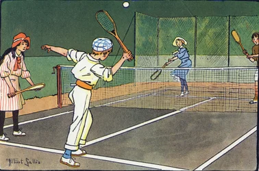 Le tennis sur gazon. Gravure dans « À quoi jouons-nous ? » par E. Weber avec des dessins aquarellés de Robert Salles (1871-1929). Librairie Garnier Frères, Paris