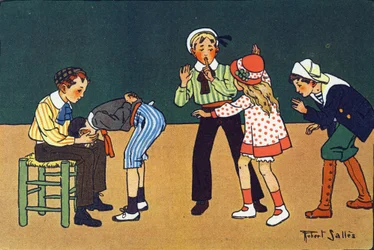 La main chaude. Gravure dans "À quoi jouons-nous ?" par E. Weber avec des dessins aquarellés de Robert Salles (1871-1929). Librairie Garnier Frères, Paris