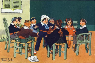 Au furet. Gravure dans "À quoi jouons-nous ?" par E. Weber avec des dessins aquarellés de Robert Salles (1871-1929). Librairie Garnier Frères, Paris