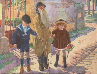 Deux enfants aident un vieil aveugle qui a perdu sa canne (lithographie couleur)