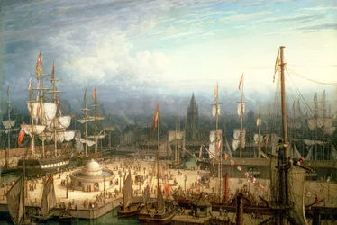 Navire clipper à quatre mâts dans le port de Liverpool, vers 1810