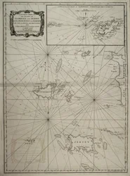 Carte générale des îles de Guernesey et Jersey, Sark, Herm, Jethou et Alderney, avec le Cap la Hague et les Caskets