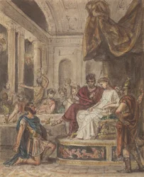 Scène de banquet, avec un soldat romain agenouillé devant une figure féminine assise sur un trône