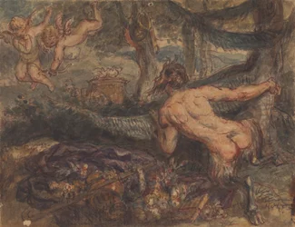 Pan espionnant, derrière un arbre, des putti tirant des flèches