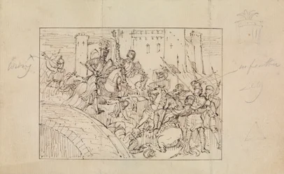 Étude de chevaliers en armure en bataille avec des chevaux