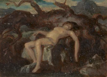 Femme dormant nue dans un paysage boisé