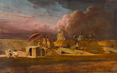 Canal de Jumna près de Meerut avec soldats et fortifications
