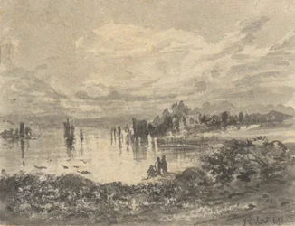 Vue du lac et des montagnes avec figures