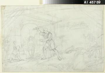 Orfèvrerie, esquisse pour une série de dessins animés sur le thème du Kalevala ; Répétition du personnage Ilmarinen sur la poule de face (travail recto-verso)
