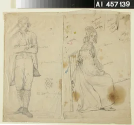 Homme aux bras croisés et femme en costume national