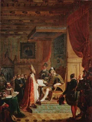 Mikael Agricola remet la traduction finlandaise du Nouveau Testament au roi Gustav Wasa