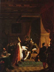 Mikael Agricola présente le NT finlandais au roi Gustav Vasa