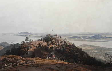 Vue du bungalow de convalescence, île du Prince de Galles (sic), vers 1820 (aquatinte coloriée)