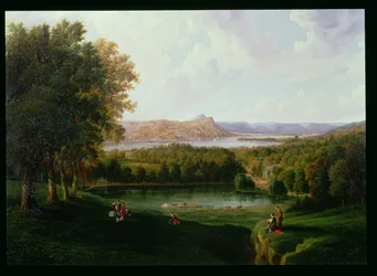 Vue de Tarrytown sur la rivière Hudson, vieille église hollandaise et manoir Beckham, 1866
