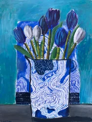 Tulipes bleues et blanches, vers 2022 (huile sur sérigraphie sur papier)