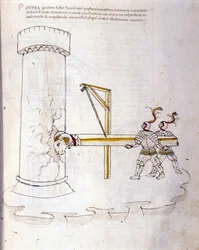 Art de la guerre : étude sur les machines militaires. utilisation du bélier pour assiéger une tour, illustration tirée de 