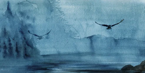 Des oiseaux dans la brume bleue