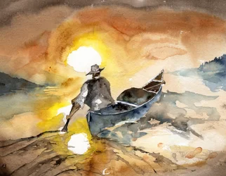 Un homme pagayant au coucher du soleil
