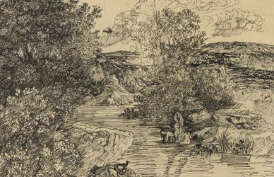 Baigneurs dans un ruisseau