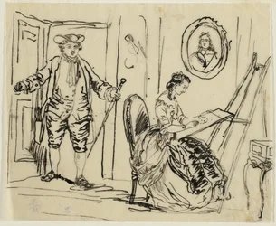 Intérieur avec un homme et une femme vêtus de vêtements du XVIIIe siècle