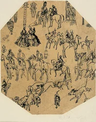 Feuille de croquis : Chiens courants, cavaliers, dames. Éléments architecturaux, insectes