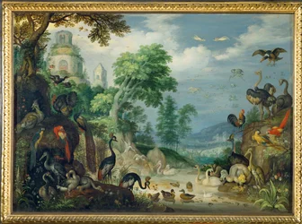 Paysage avec oiseaux (peinture sur cuivre)