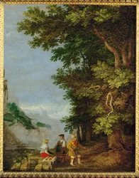 Paysage de montagne avec vendeur de fruits (peinture sur bois de chêne)