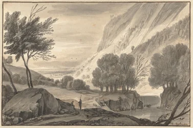 Paysage montagneux avec deux voyageurs