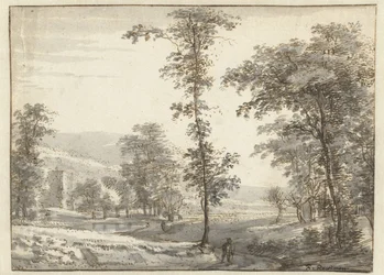 Paysage boisé avec un voyageur sur un chemin