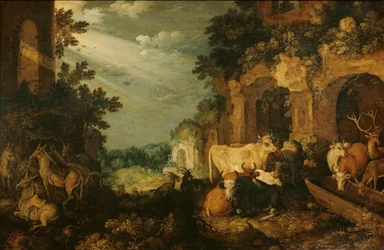 Paysage avec ruines, bétail et cerfs