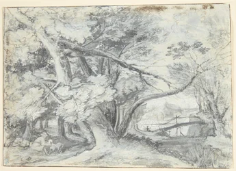 Paysage forestier avec de grands arbres, sous lesquels se trouvent deux hommes et un chien. À droite, un pont