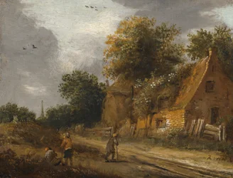 Trois figures passant devant un cottage